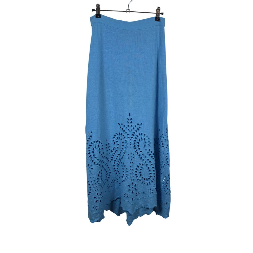 ZARA Embroidered Linen Blend Midi Skirt Womens XS Blue Eyelet Scalloped Hem